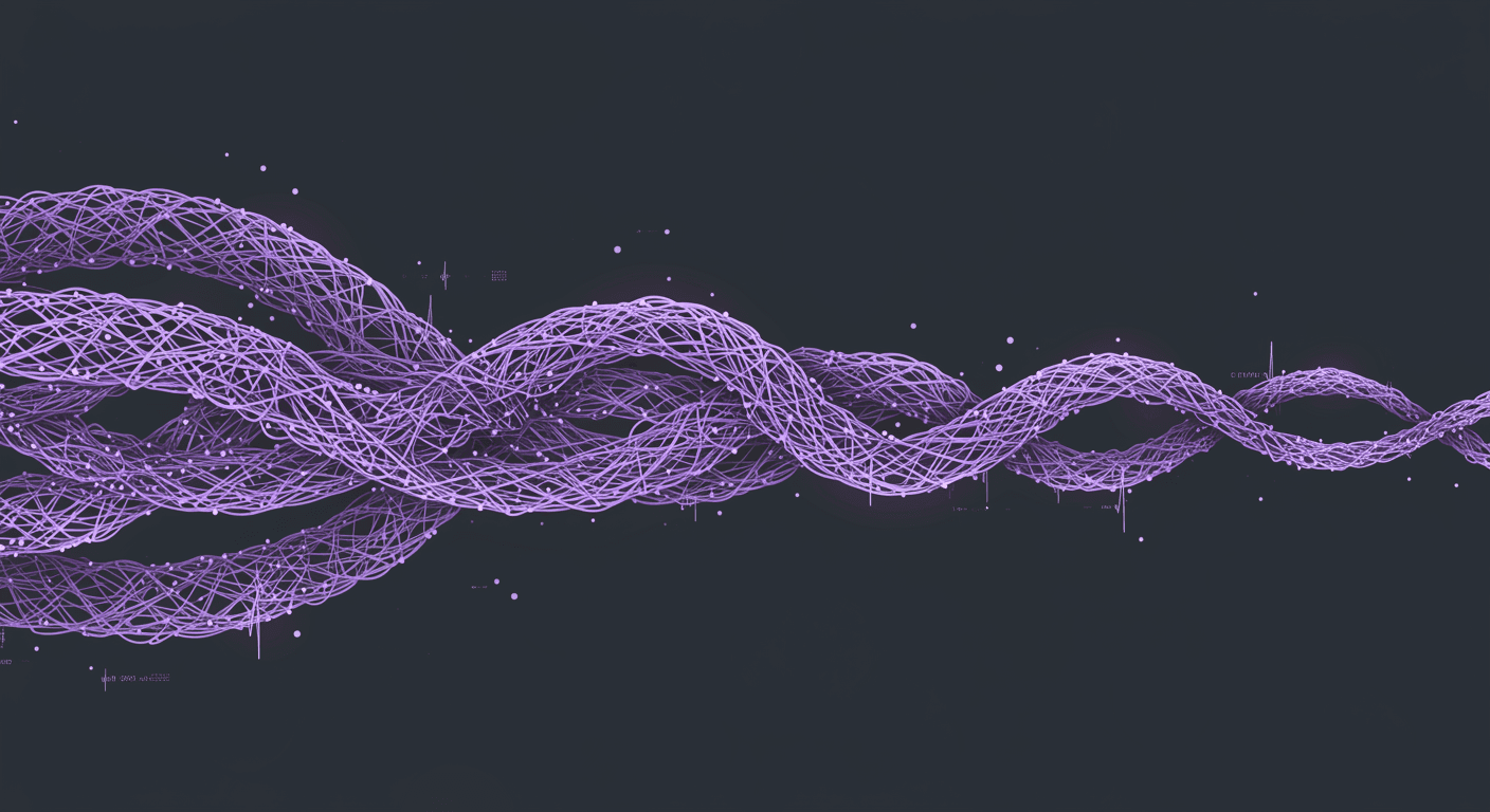 Braided lavender threads weaving together on a charcoal background, representing the GTM engineering systems Steady Thread Media builds.
